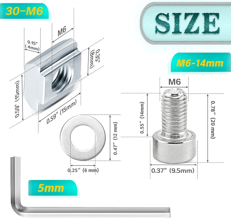 PETOX 24 Set Silver 3030 Series Aluminum Extrusion Profile Connector, Includes 1pc Wrench, 24pcs 2835 Corner Bracket, 48pcs M6 T-Slot Sliding Nuts and Hex Screw Bolt for 20S Aluminum Rail Accessories - Image 5